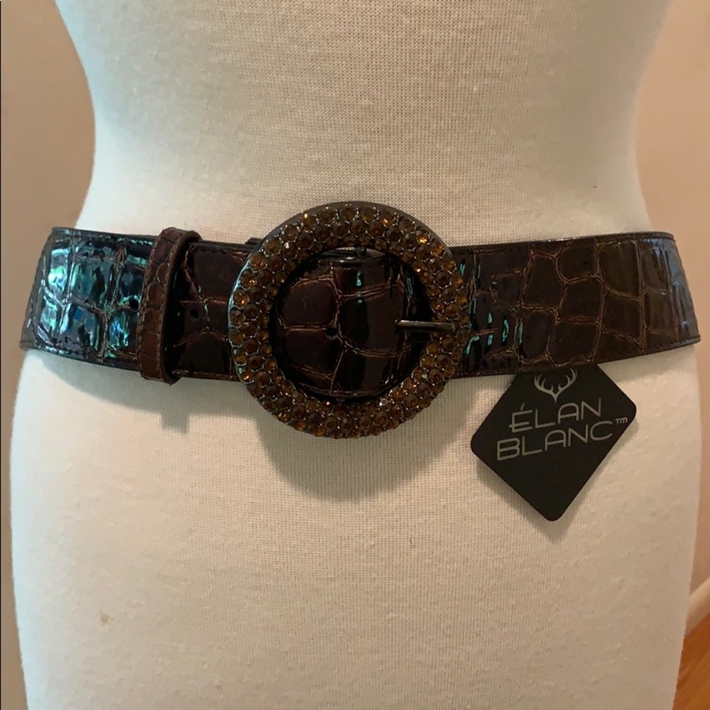 Belt Dark Brown Patent Crocco Print with Crystals